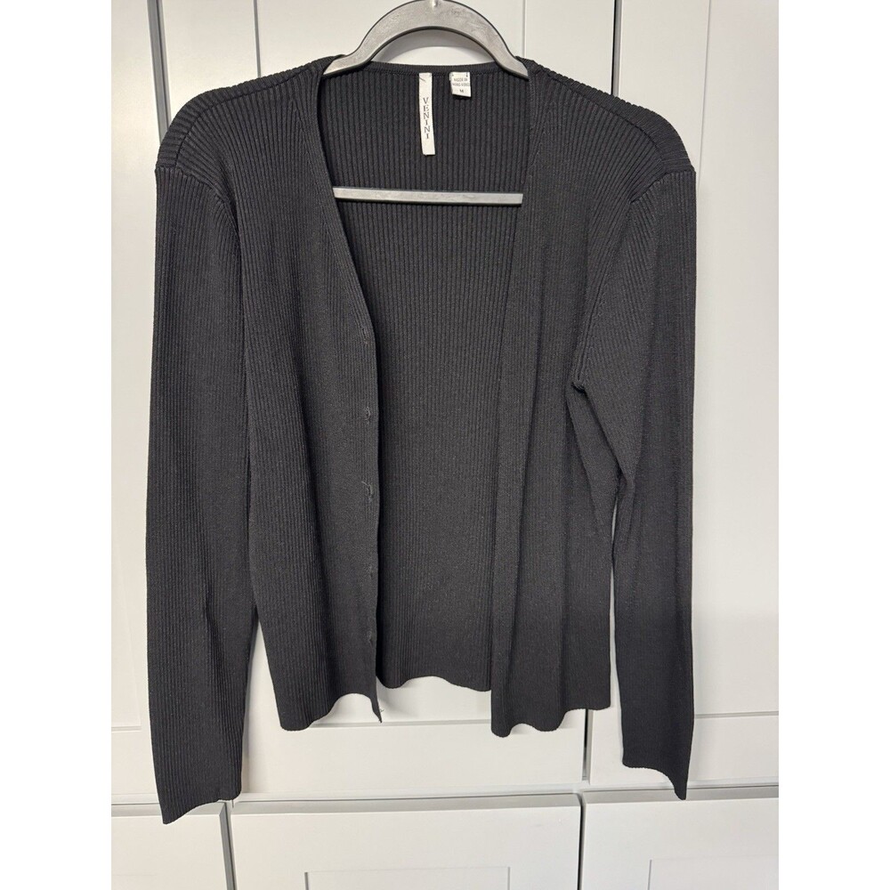 Venini Cardigan Sweater Black Button Down Ribbed Classic Fit Rayon Blend Career